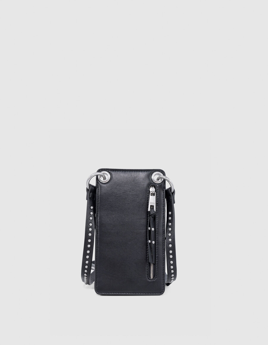 bolso para teléfono 111 de piel negra con correa para el hombro y tachuelas para mujer