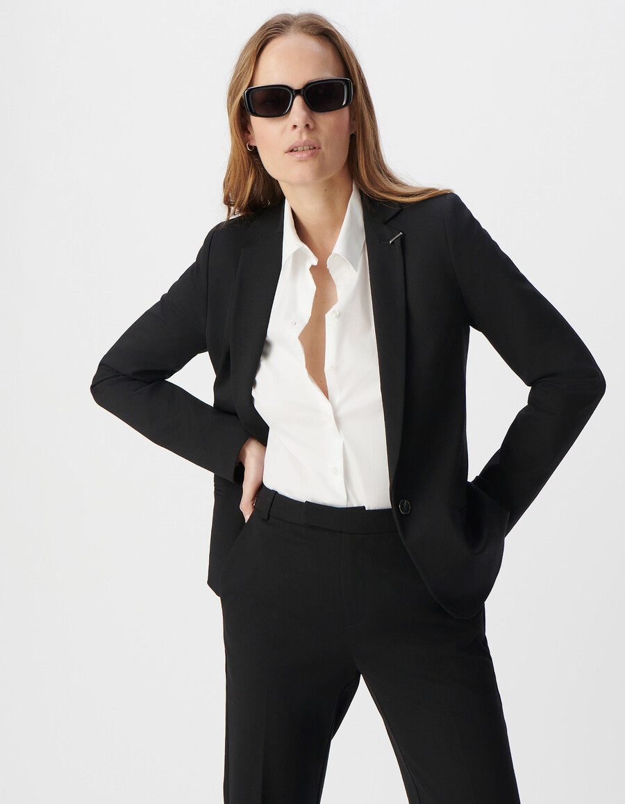 chaqueta de traje ajustada de punto milano negra para mujer