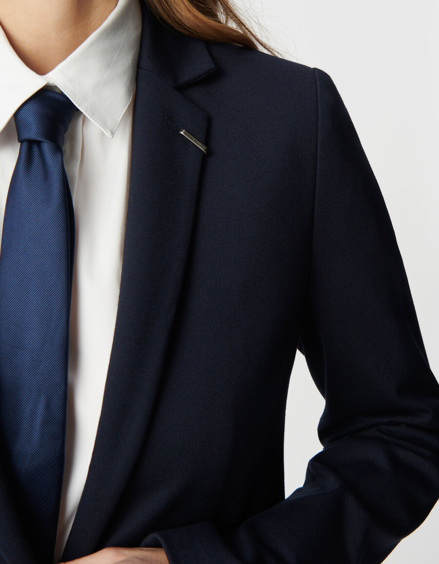 chaqueta de traje ajustada de punto milano azul marino para mujer