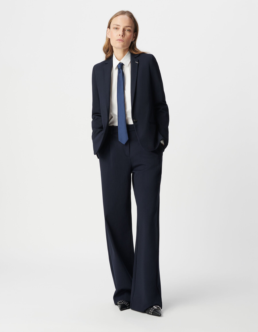 chaqueta de traje ajustada de punto milano azul marino para mujer