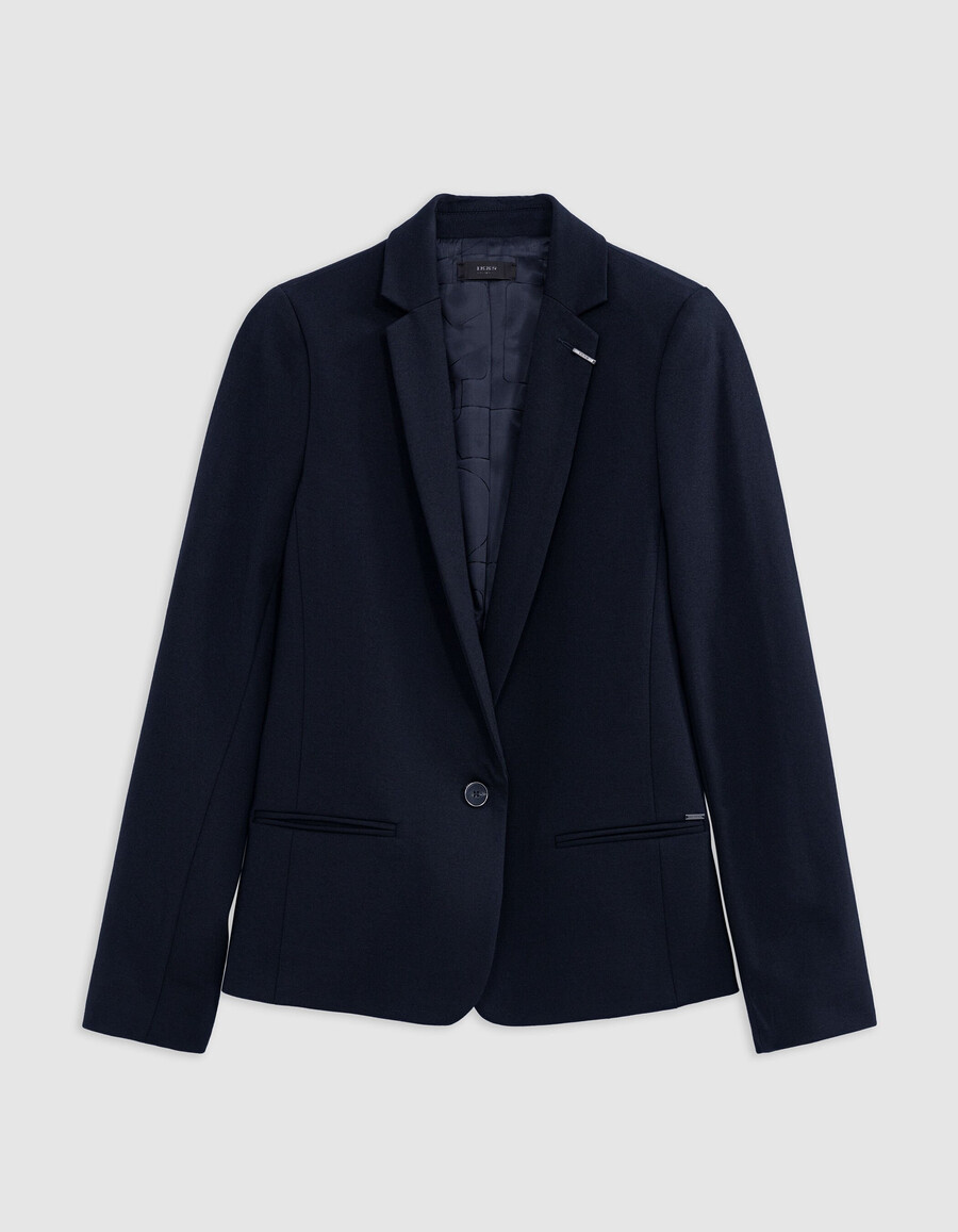 chaqueta de traje ajustada de punto milano azul marino para mujer