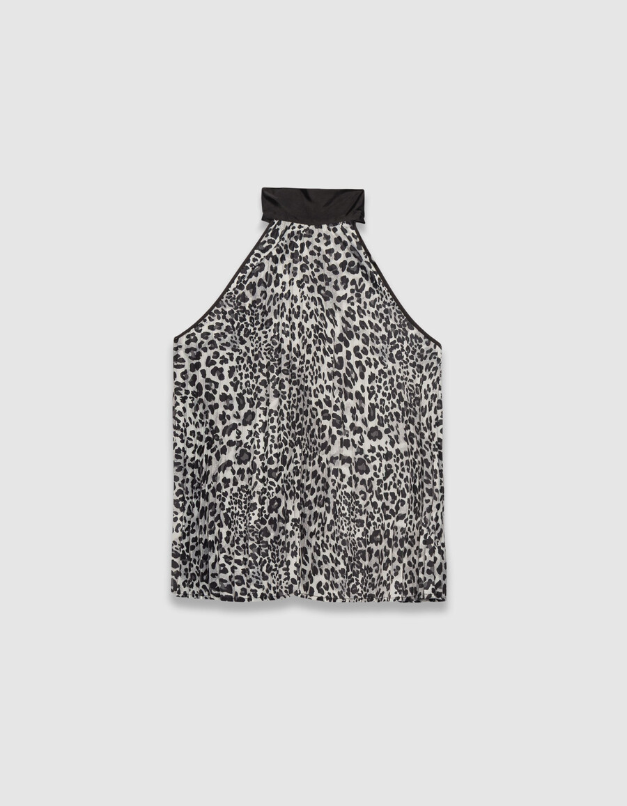 top de poliéster reciclado gris para mujer con estampado de pantera