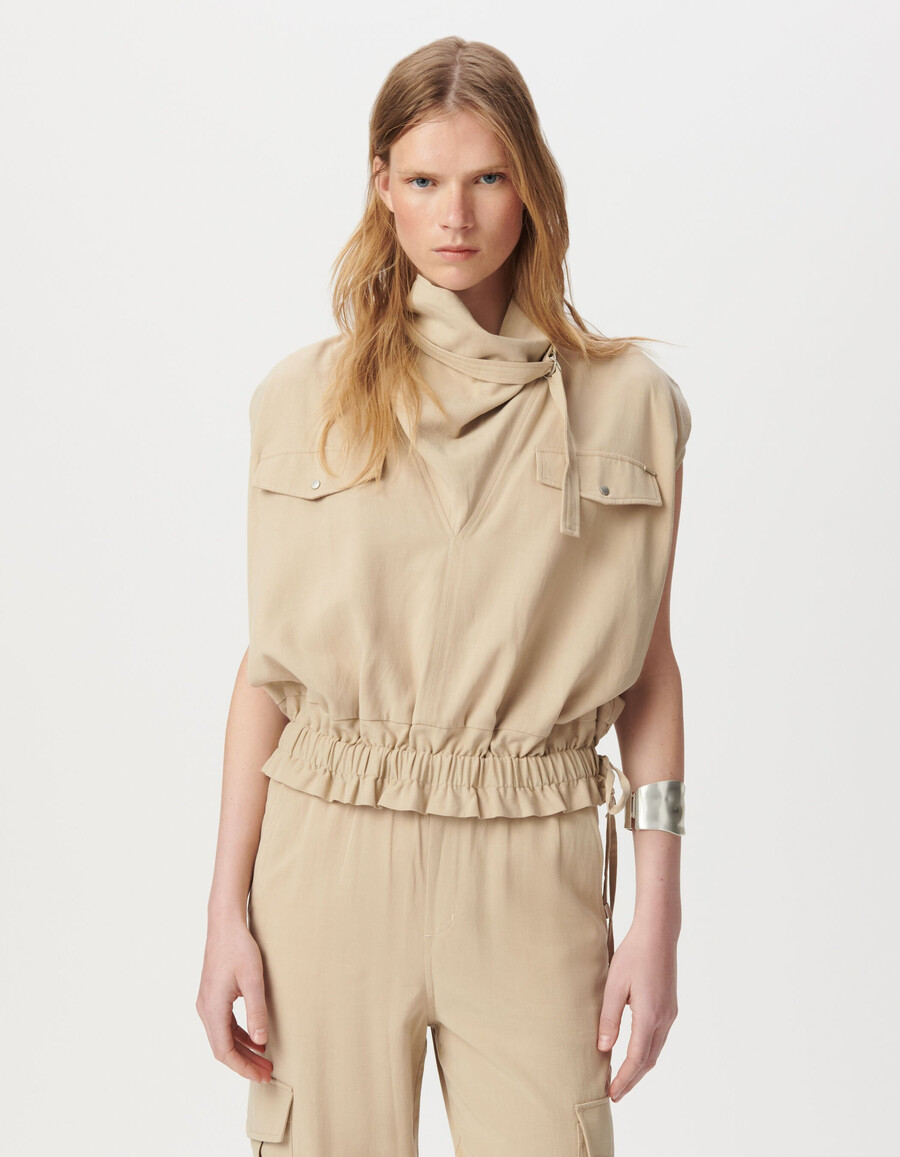 top beige sin mangas para mujer cuello alto bajo elástico
