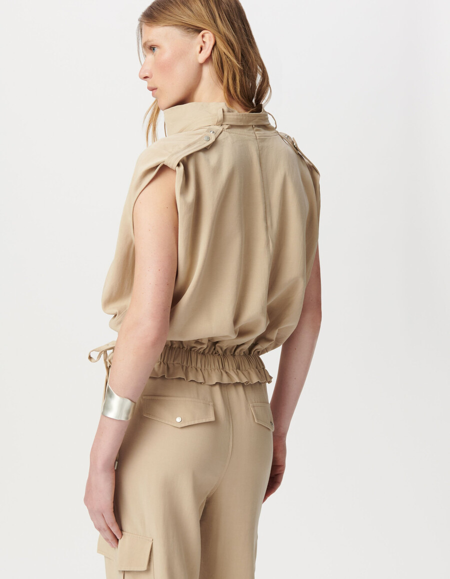 top beige sin mangas para mujer cuello alto bajo elástico