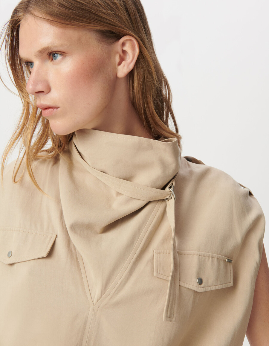 top beige sin mangas para mujer cuello alto bajo elástico