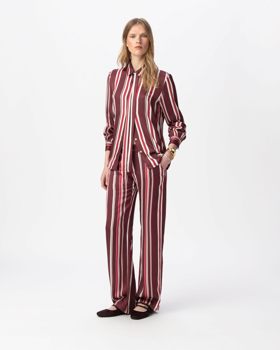 camisa de rayas burdeos con lazo para mujer