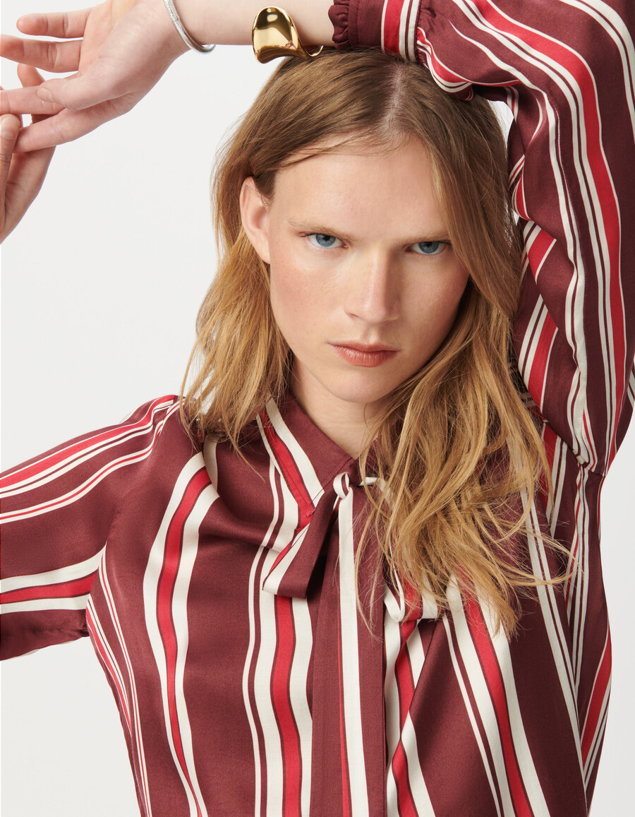 camisa de rayas burdeos con lazo para mujer