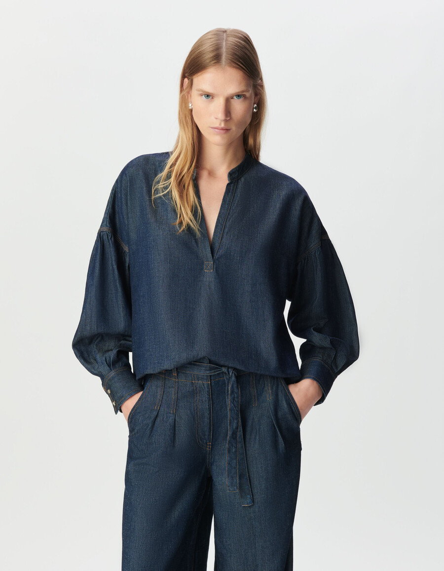 blusa extragrande de lyocell azul crudo para mujer
