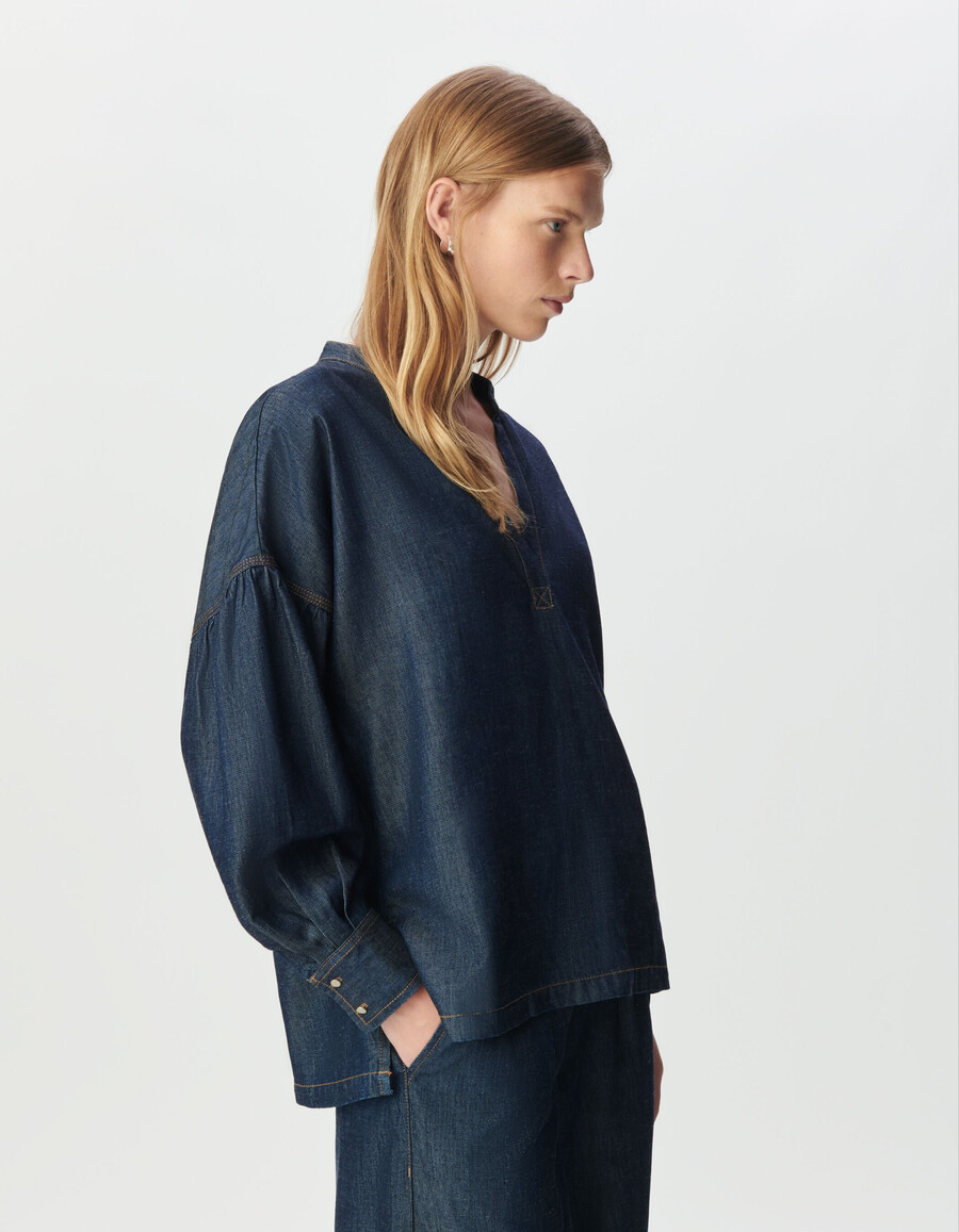 blusa extragrande de lyocell azul crudo para mujer