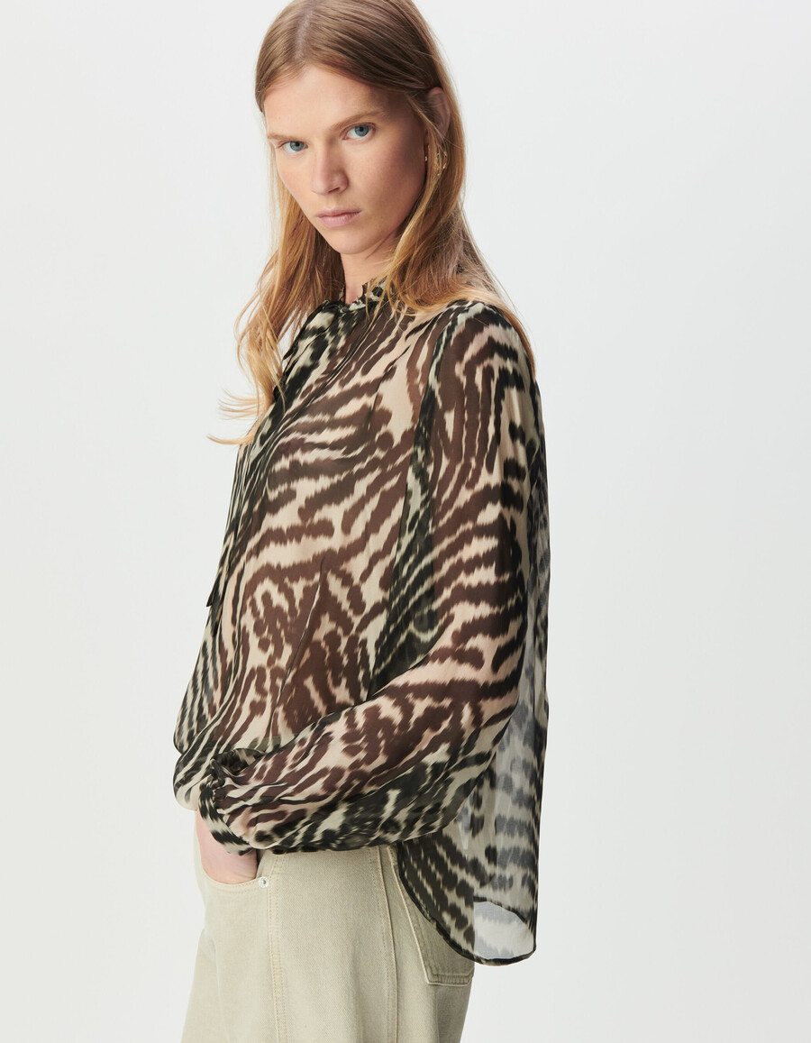 blusa negra con lazo para mujer y estampado de cebra