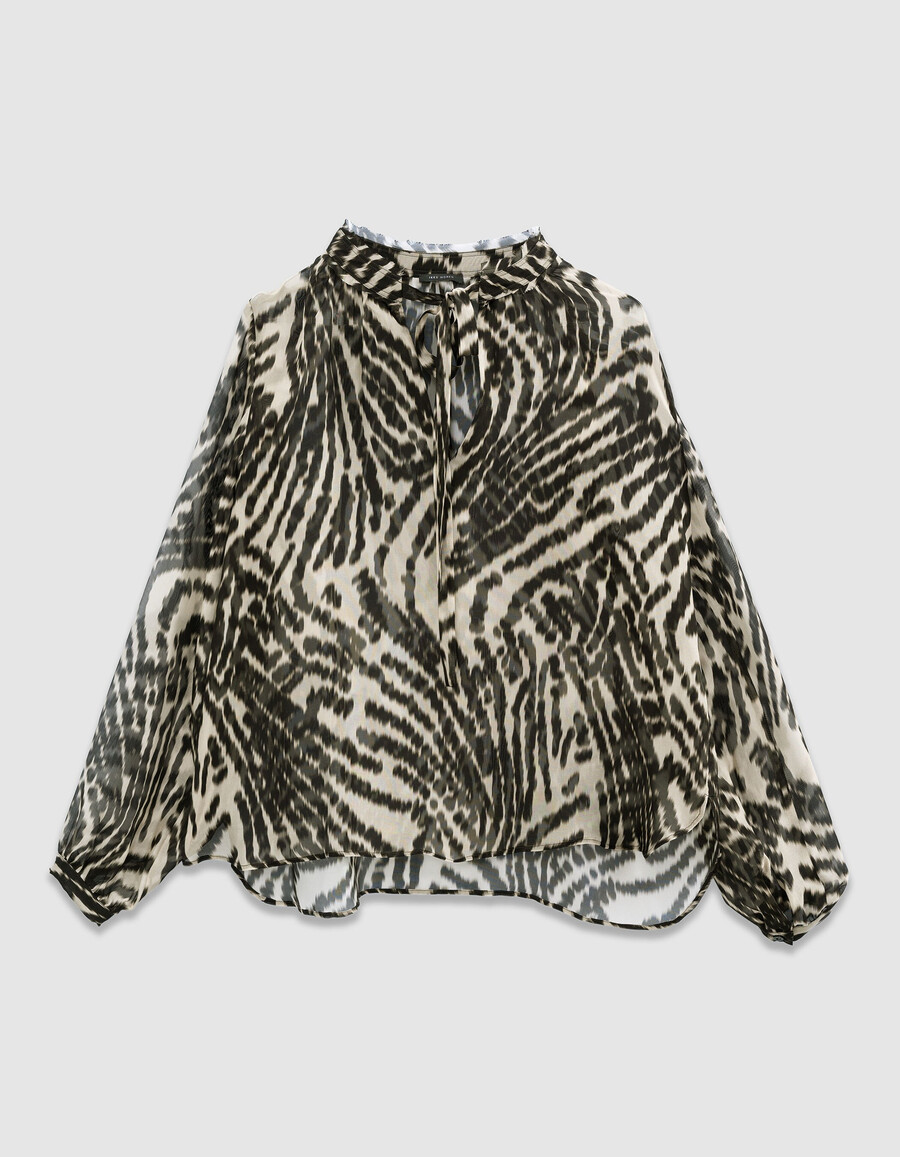 blusa negra con lazo para mujer y estampado de cebra