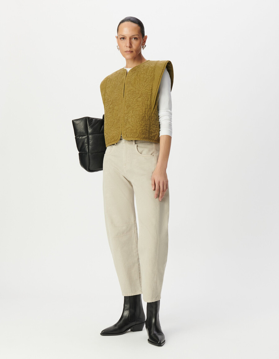 chaleco sin mangas bordado y acolchado color caqui para mujer