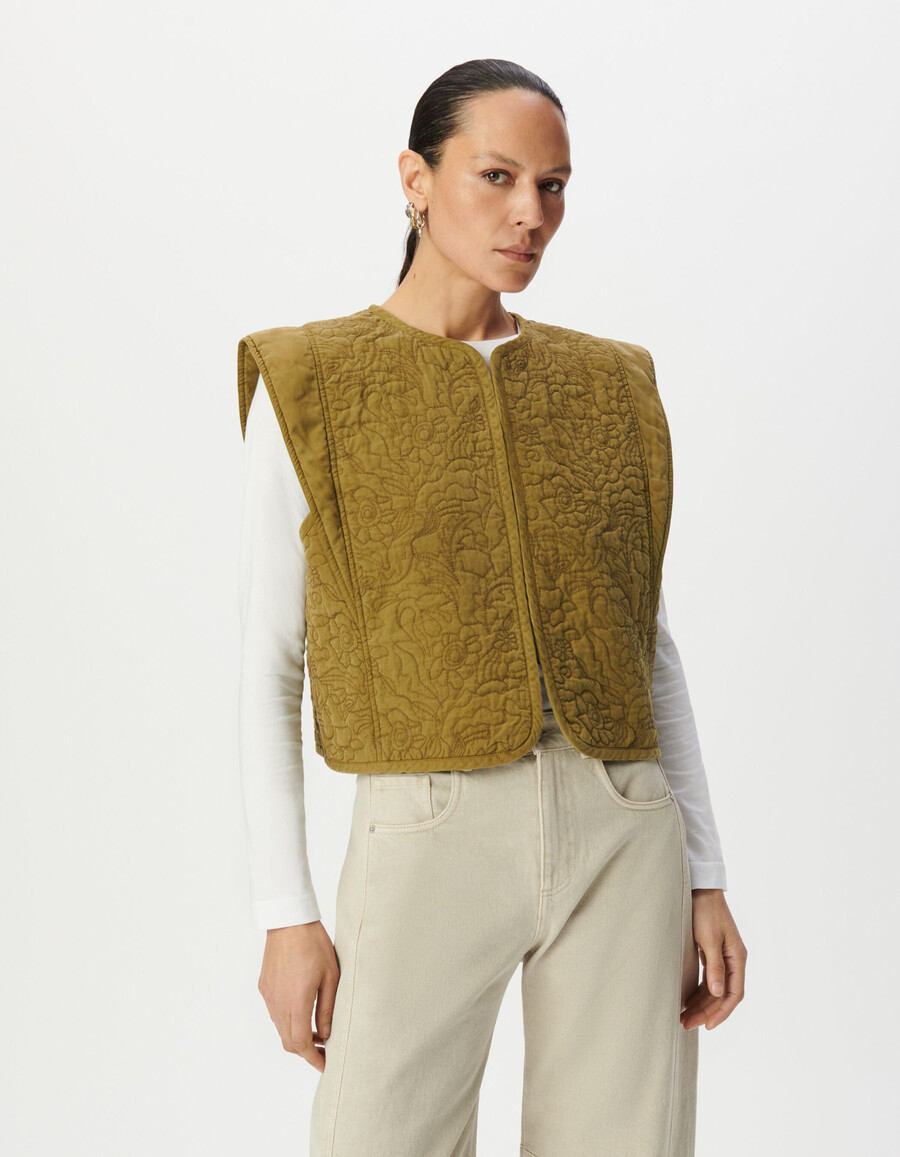 chaleco sin mangas bordado y acolchado color caqui para mujer