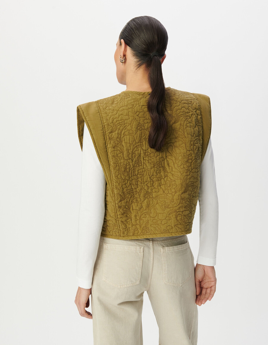 chaleco sin mangas bordado y acolchado color caqui para mujer