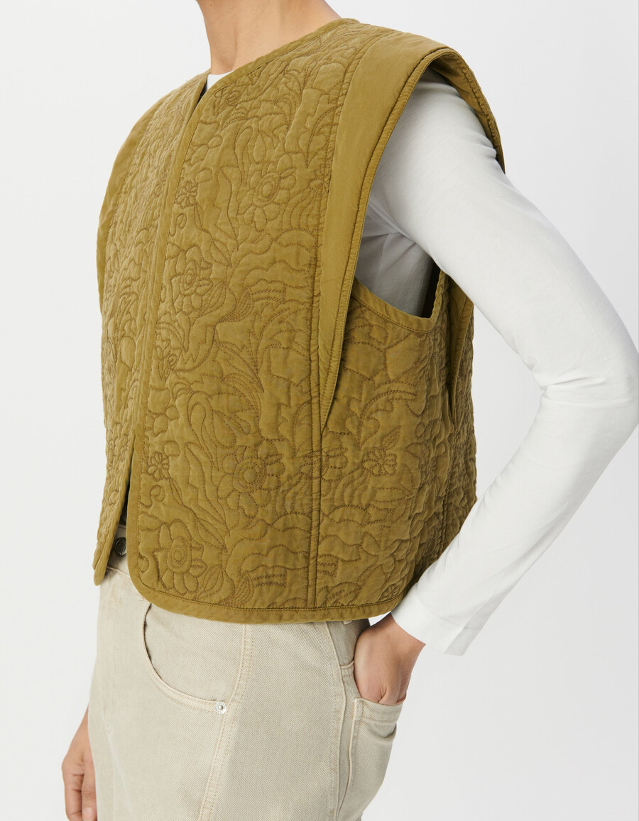 chaleco sin mangas bordado y acolchado color caqui para mujer