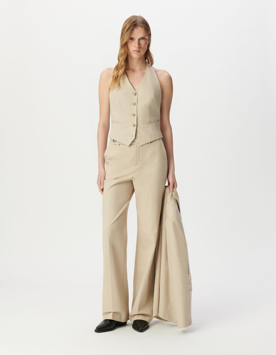 chaleco de traje beige de raya diplomática sin espalda para mujer