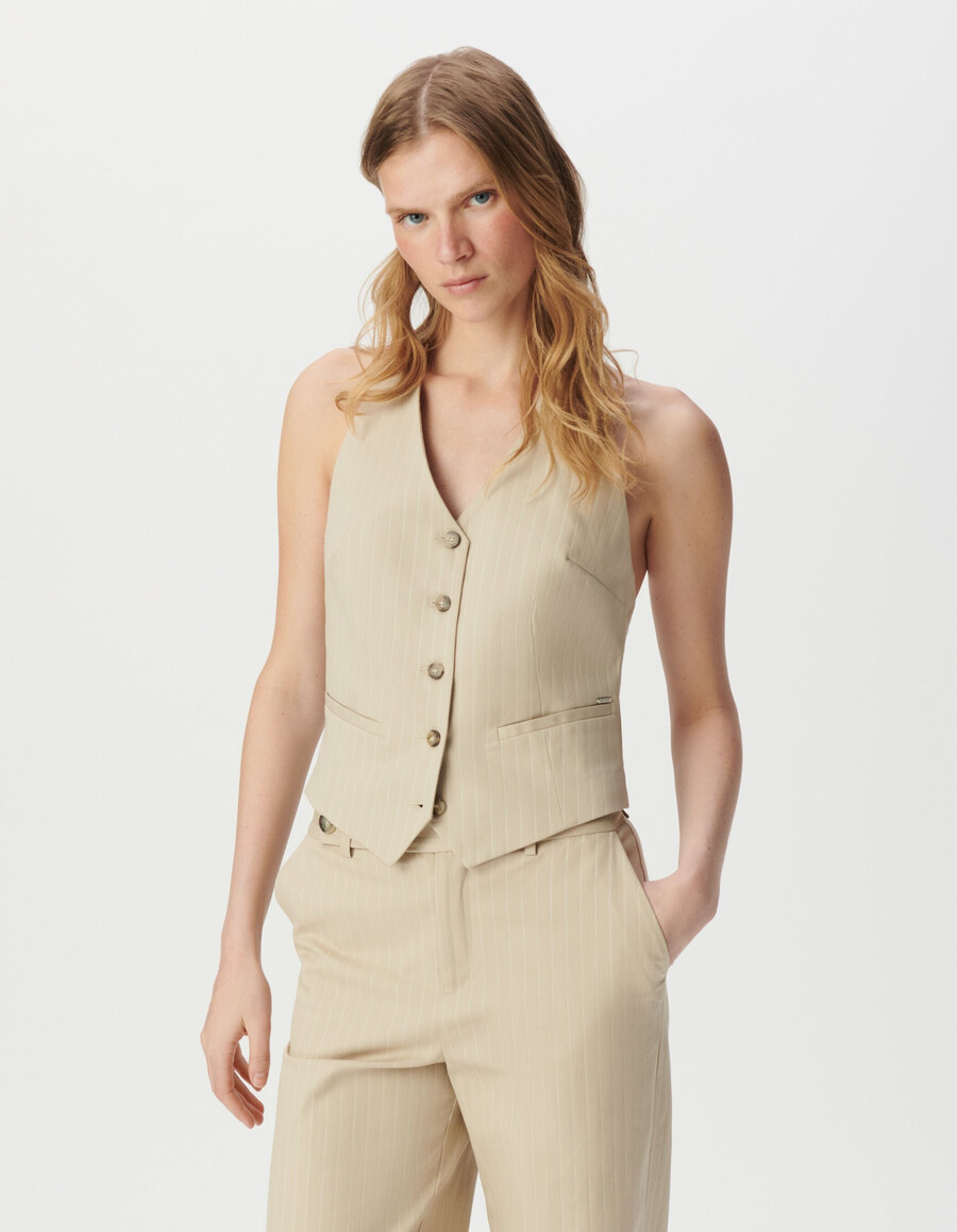 chaleco de traje beige de raya diplomática sin espalda para mujer