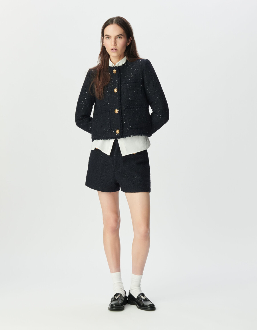 chaqueta corta estilo tweed azul marino para mujer con lentejuelas bordadas