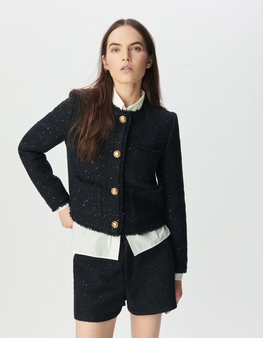 chaqueta corta estilo tweed azul marino para mujer con lentejuelas bordadas