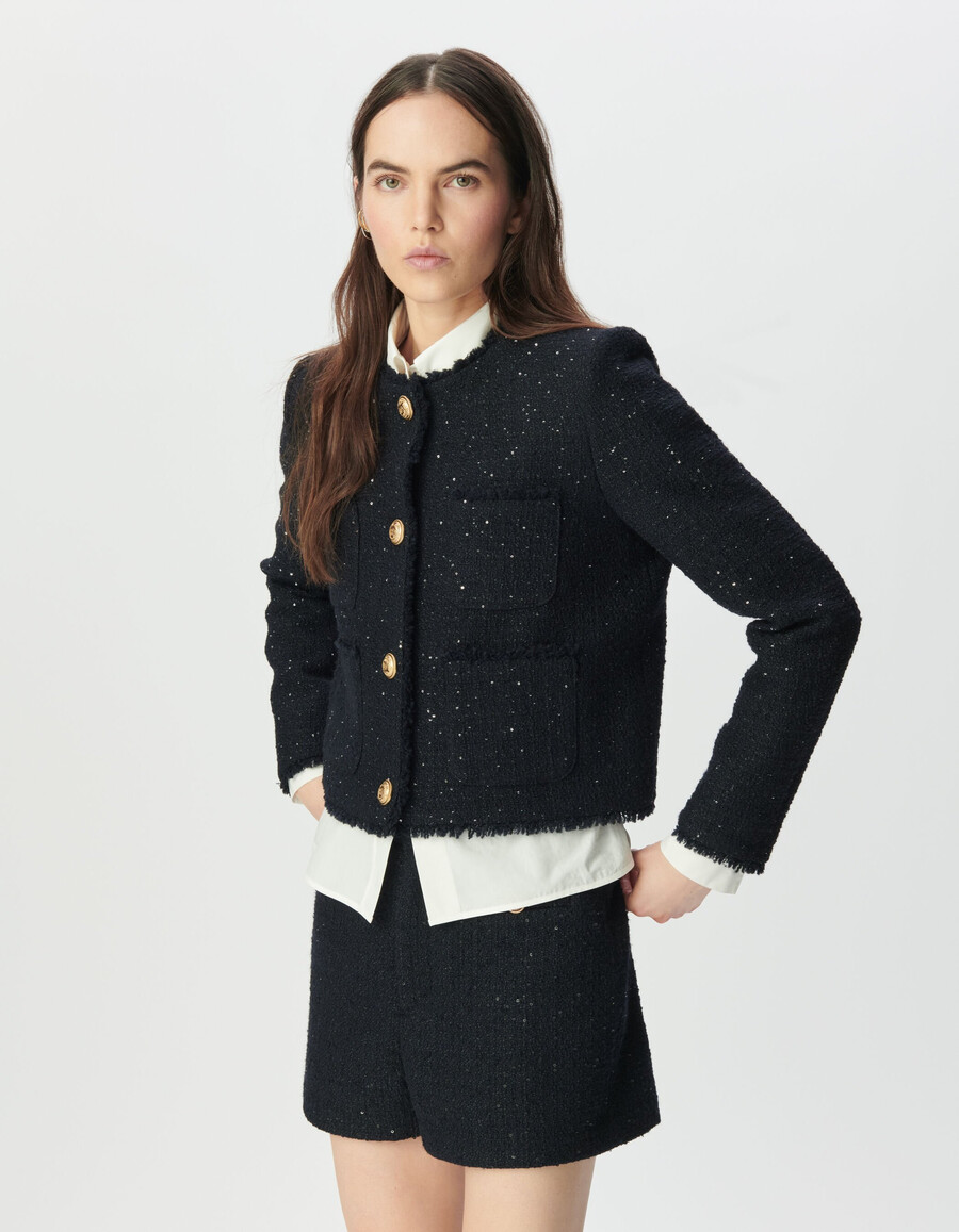 chaqueta corta estilo tweed azul marino para mujer con lentejuelas bordadas