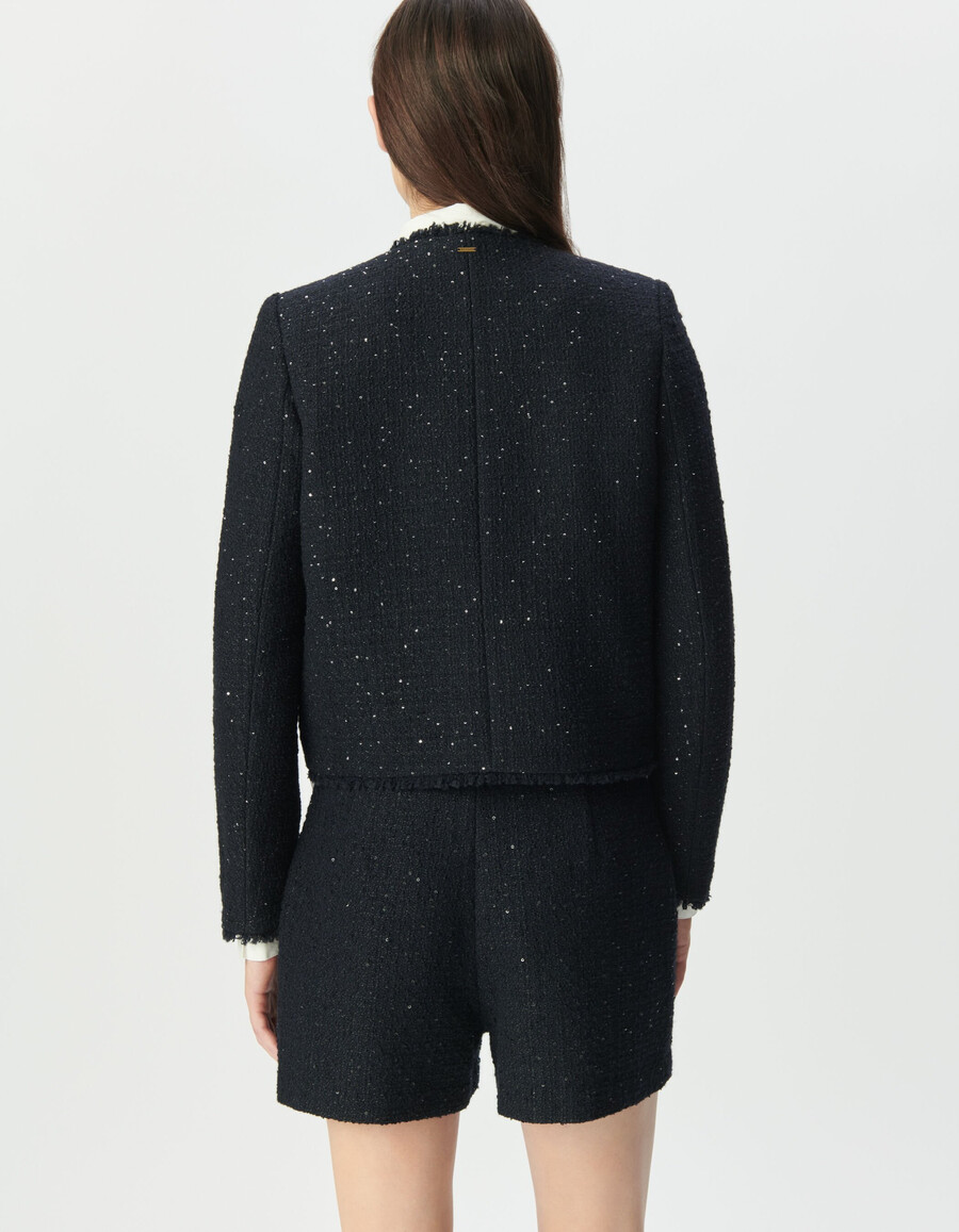 chaqueta corta estilo tweed azul marino para mujer con lentejuelas bordadas