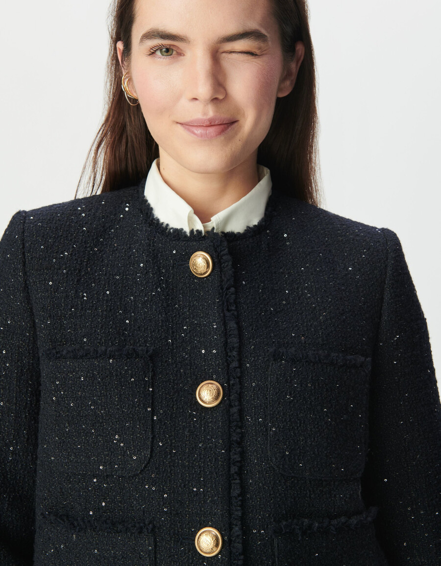 chaqueta corta estilo tweed azul marino para mujer con lentejuelas bordadas