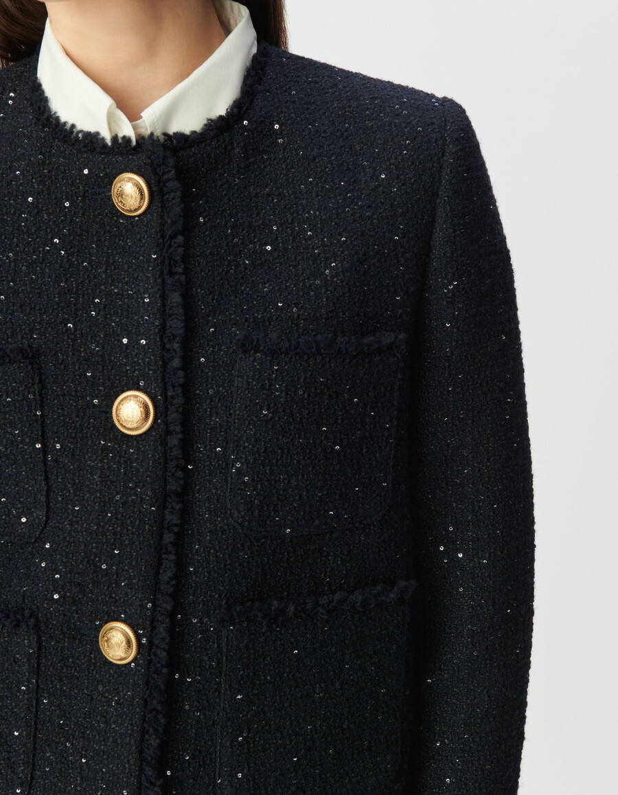 chaqueta corta estilo tweed azul marino para mujer con lentejuelas bordadas