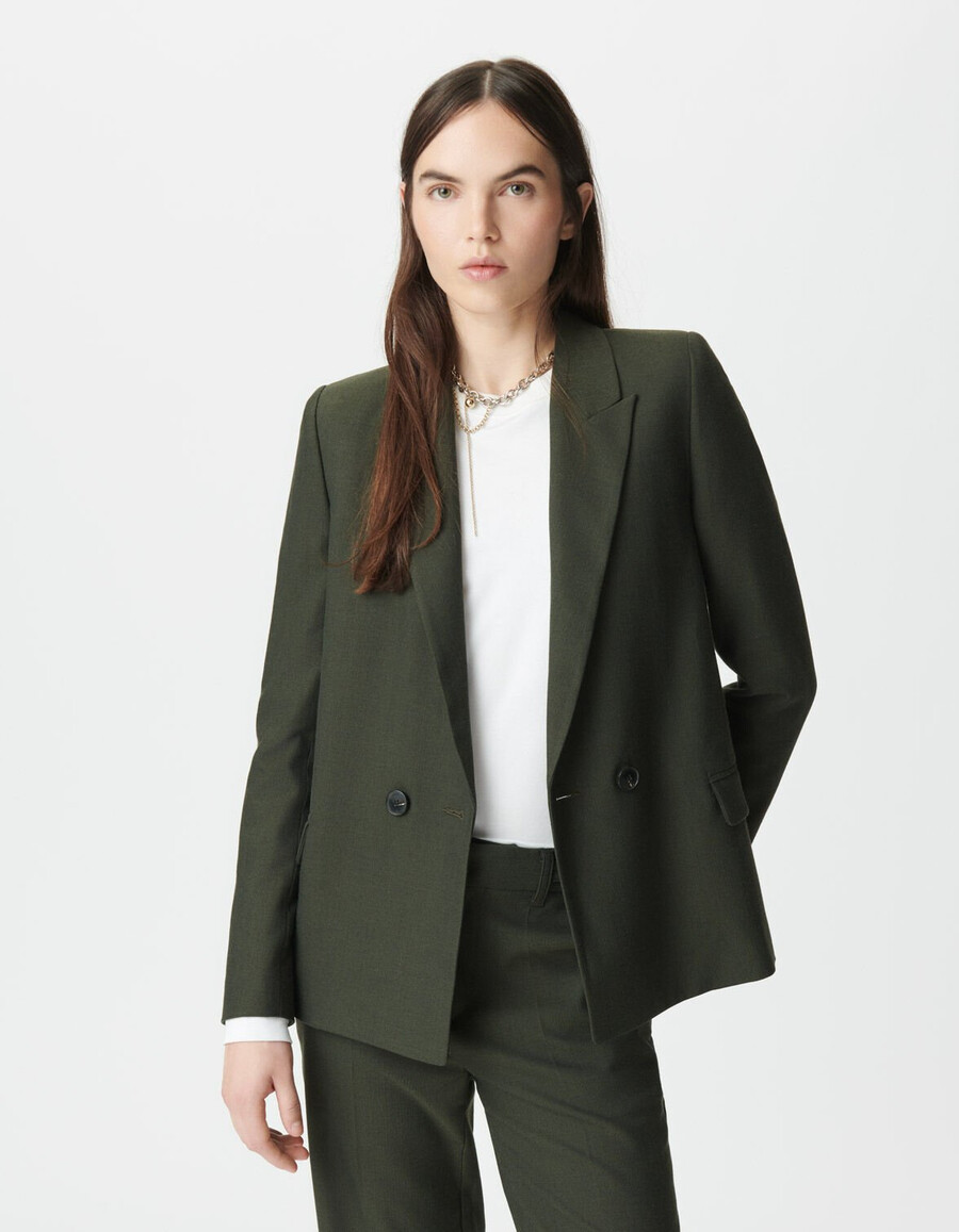 chaqueta de traje caqui para mujer con forro desmontable