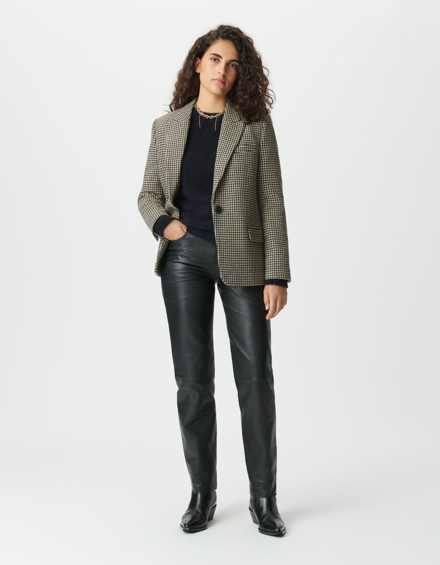 chaqueta de traje beige de pata de gallo para mujer