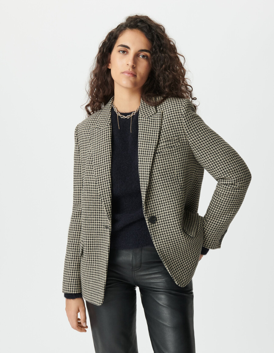 chaqueta de traje beige de pata de gallo para mujer