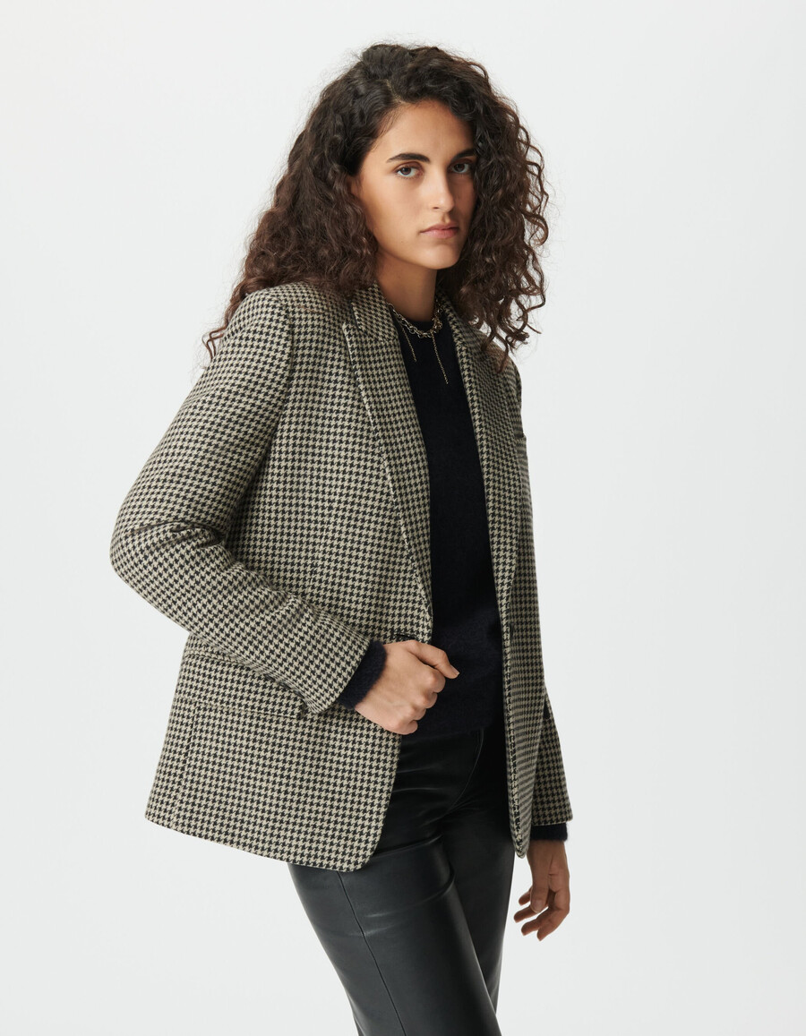 chaqueta de traje beige de pata de gallo para mujer