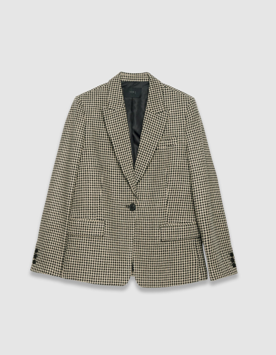 chaqueta de traje beige de pata de gallo para mujer