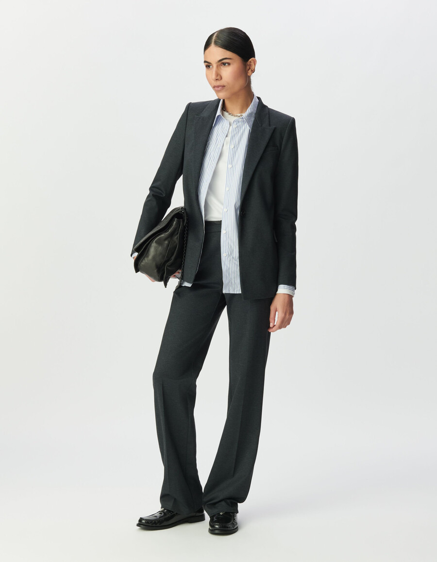 chaqueta de traje de espiga gris para mujer con forro