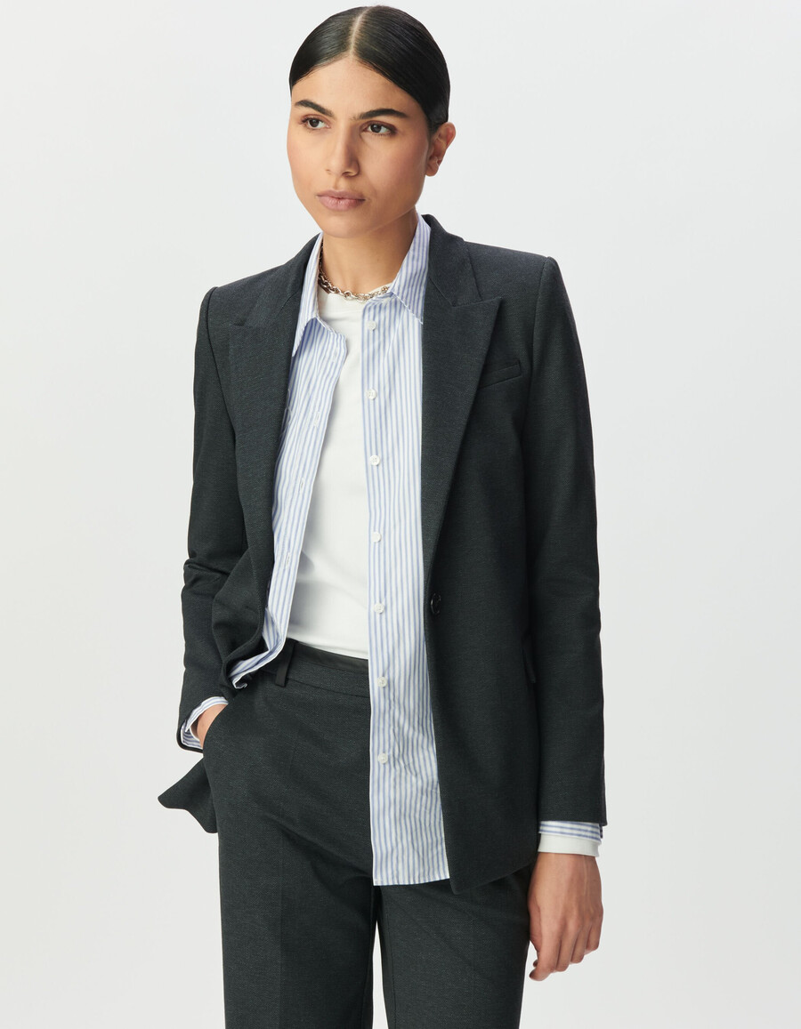 chaqueta de traje de espiga gris para mujer con forro