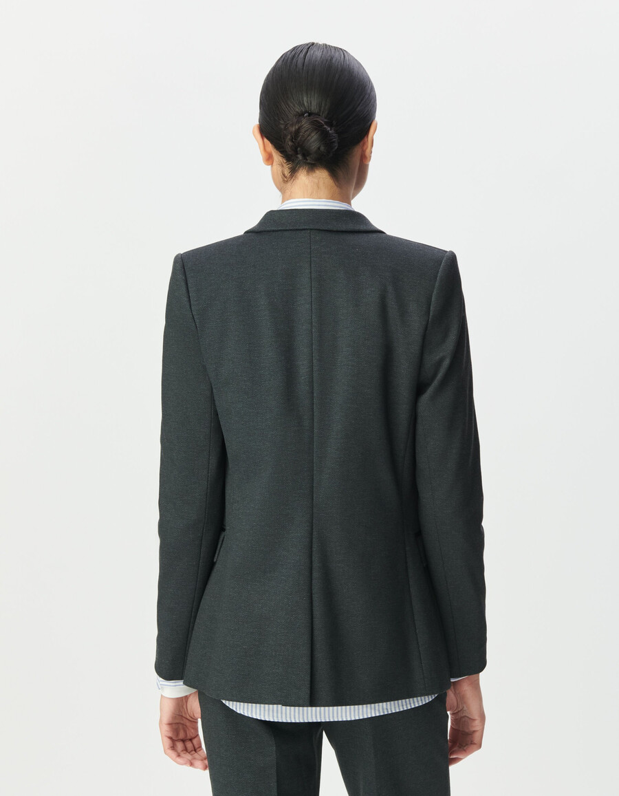 chaqueta de traje de espiga gris para mujer con forro