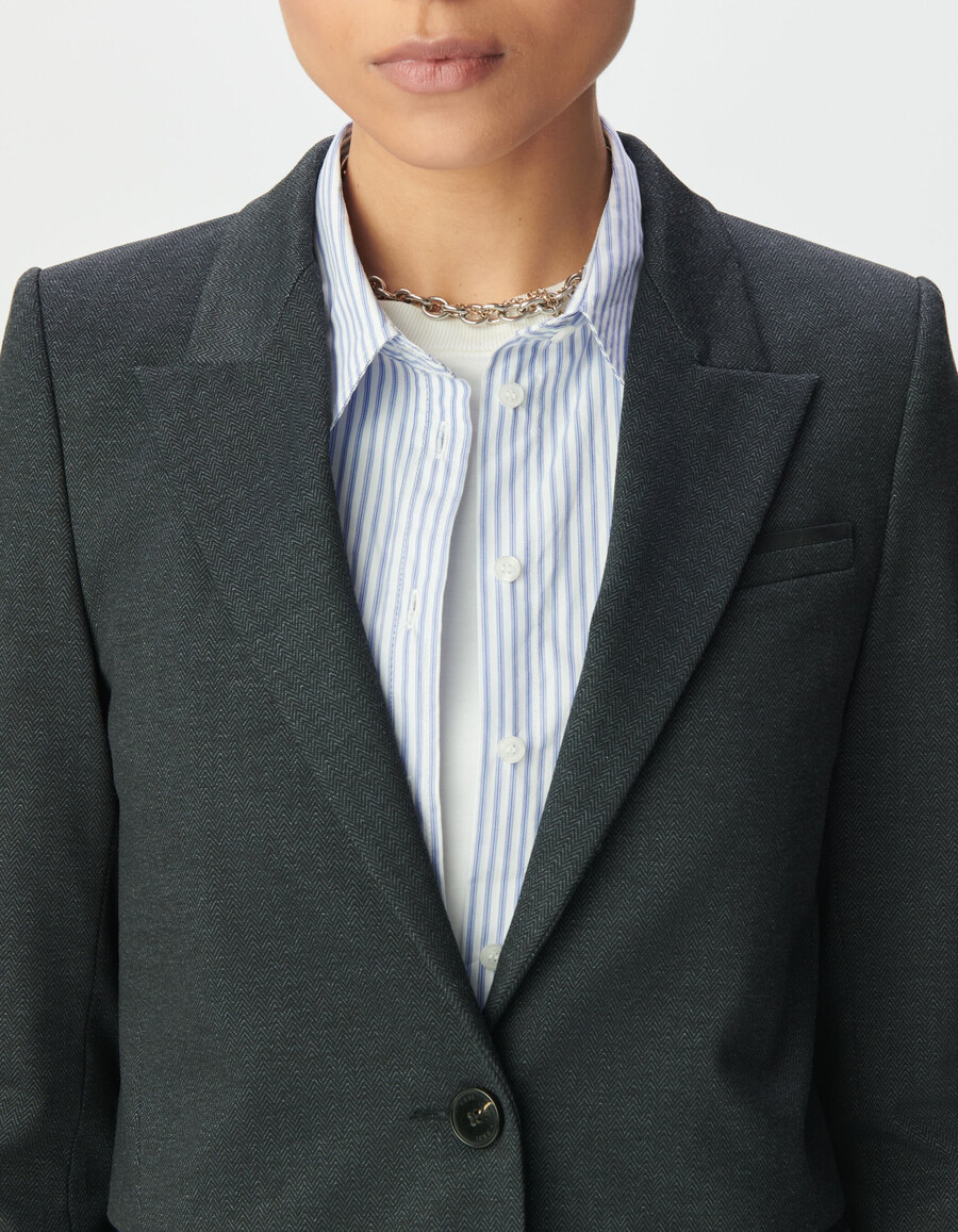 chaqueta de traje de espiga gris para mujer con forro