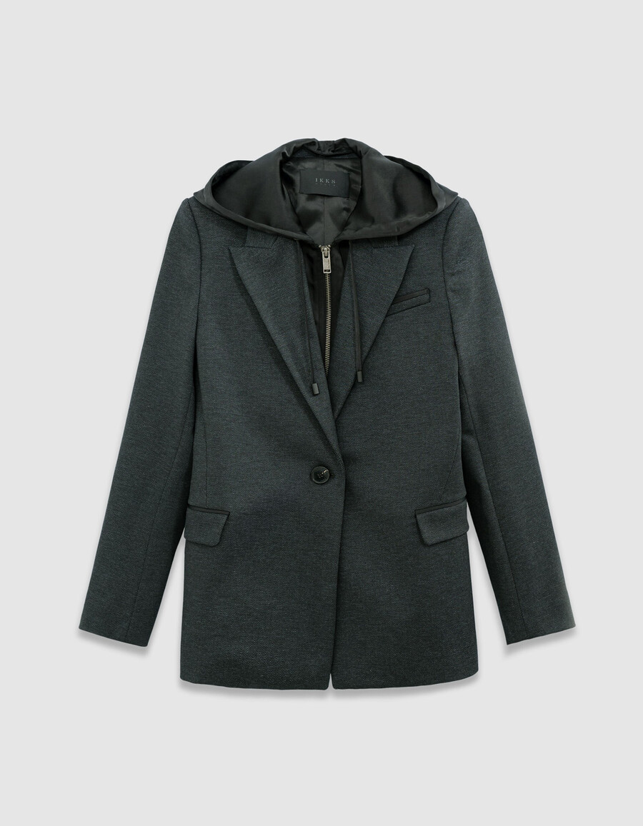 chaqueta de traje de espiga gris para mujer con forro