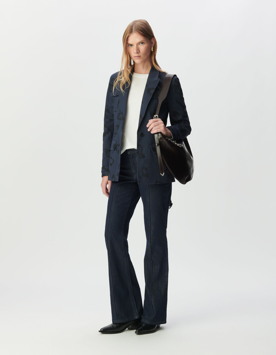 chaqueta safari azul marino para mujer con estampado de jaguar