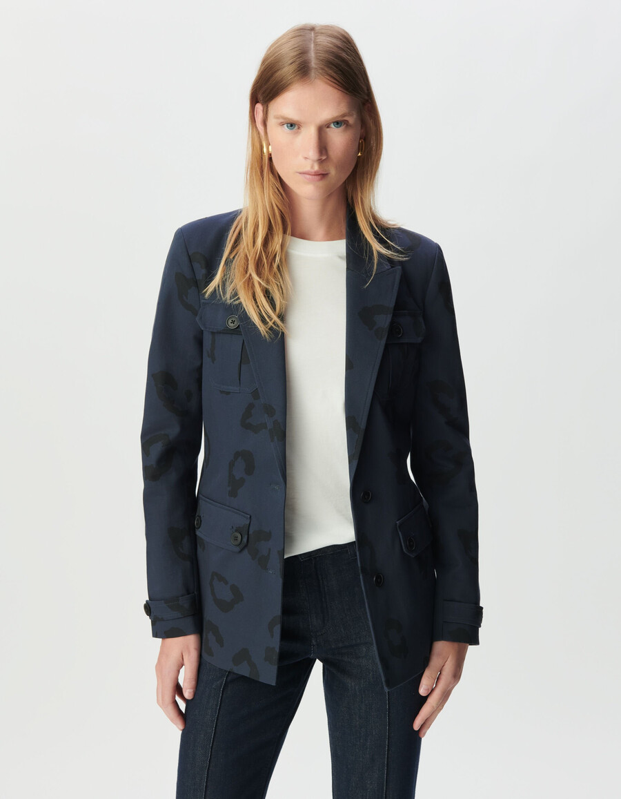 chaqueta safari azul marino para mujer con estampado de jaguar