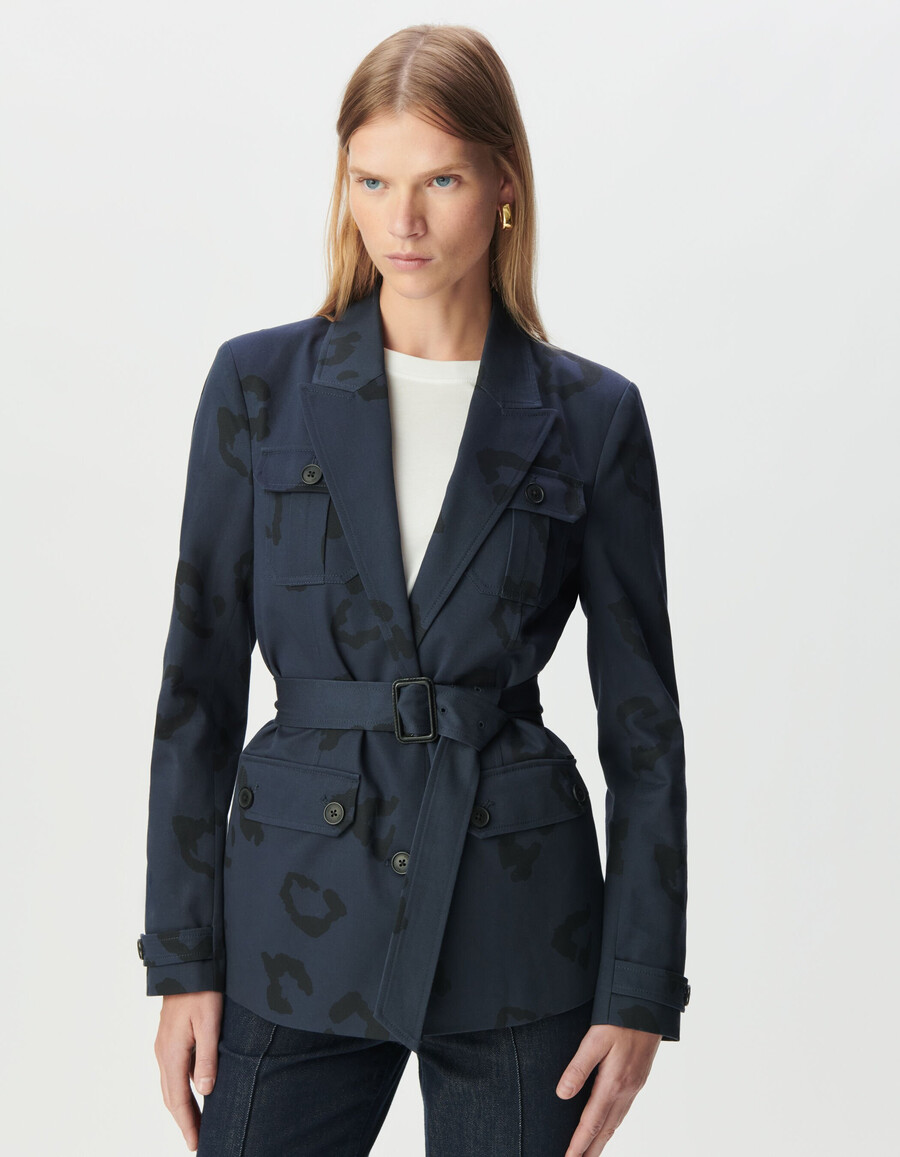 chaqueta safari azul marino para mujer con estampado de jaguar