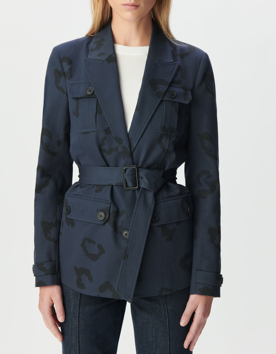 chaqueta safari azul marino para mujer con estampado de jaguar