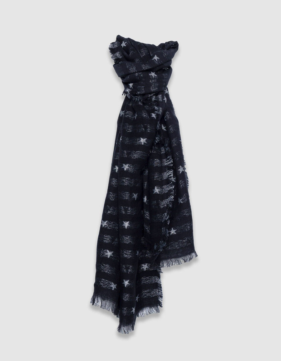 bufanda de jacquard negra para mujer con estrellas plateadas