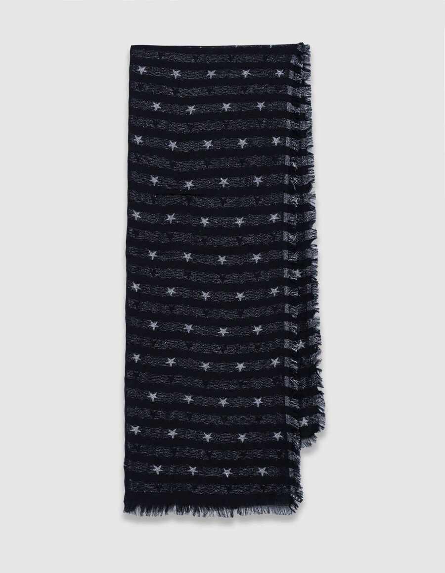 bufanda de jacquard negra para mujer con estrellas plateadas