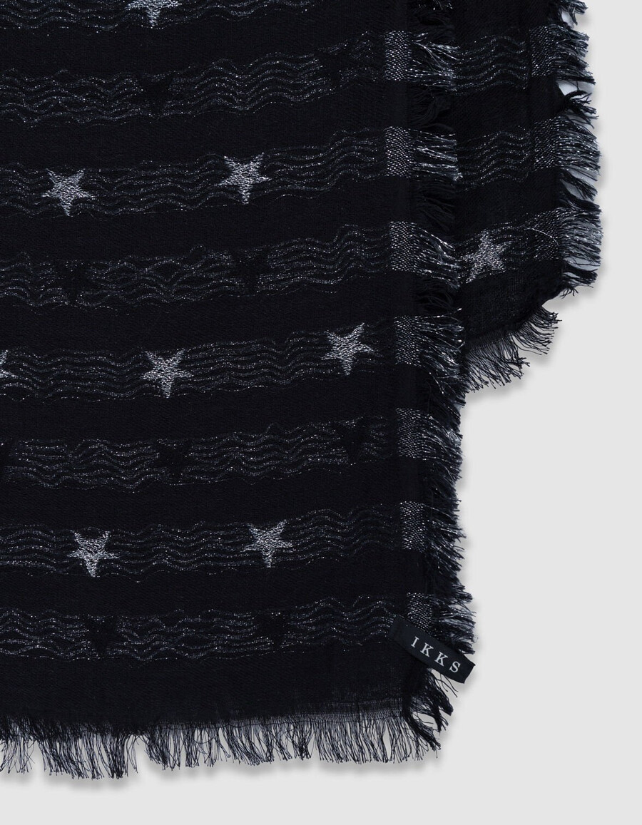 bufanda de jacquard negra para mujer con estrellas plateadas