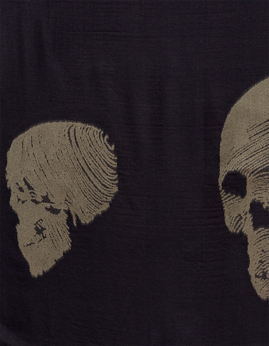 bufanda de jacquard negra con estampado de calaveras caqui para mujer