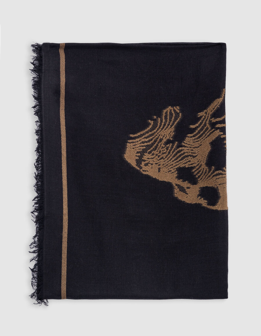 bufanda jacquard negra estampada de calaveras camel mujer