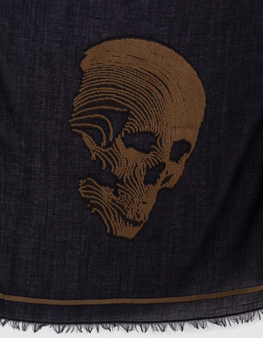 bufanda jacquard negra estampada de calaveras camel mujer