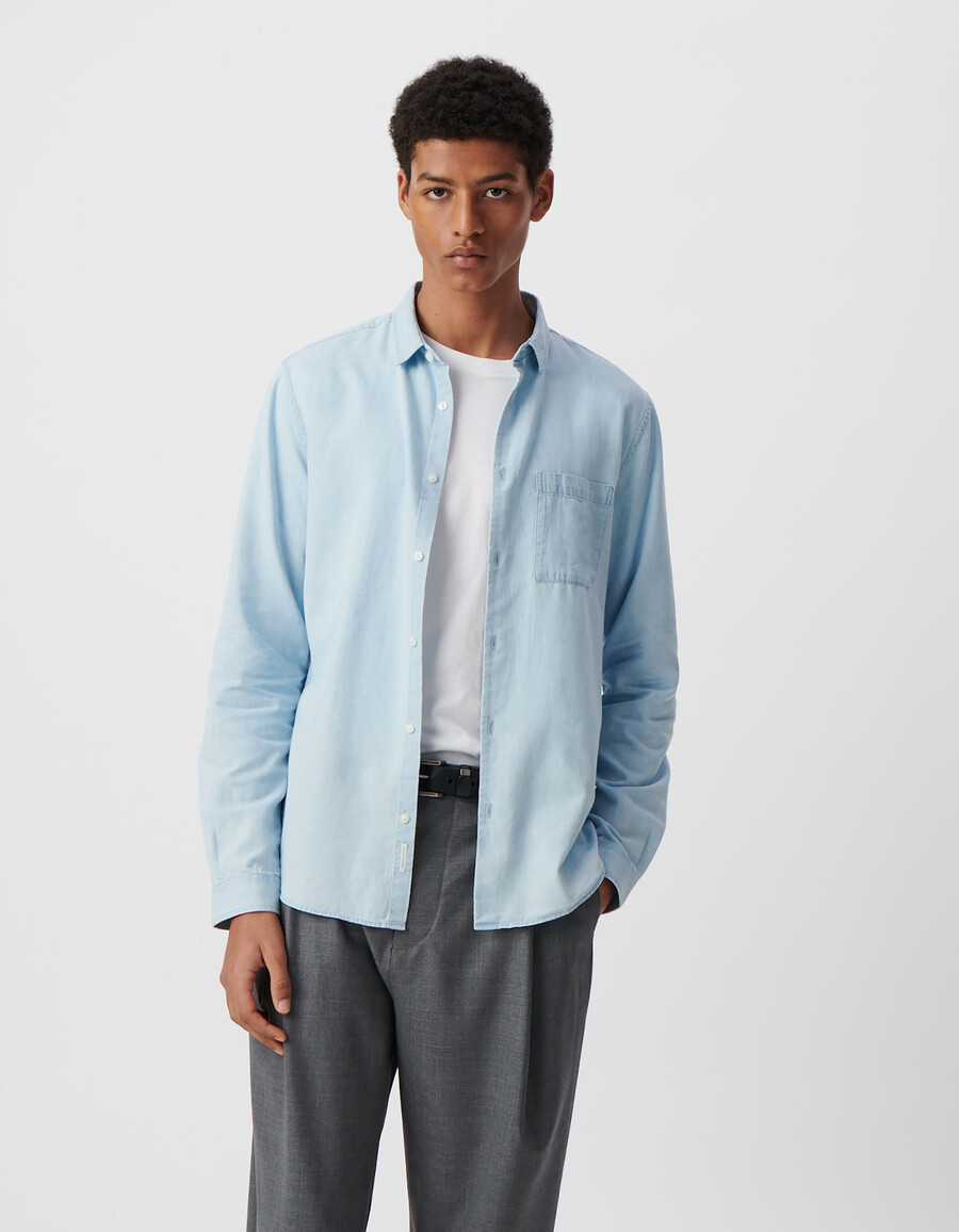 camisa regular de algodón y lyocell azul para hombre
