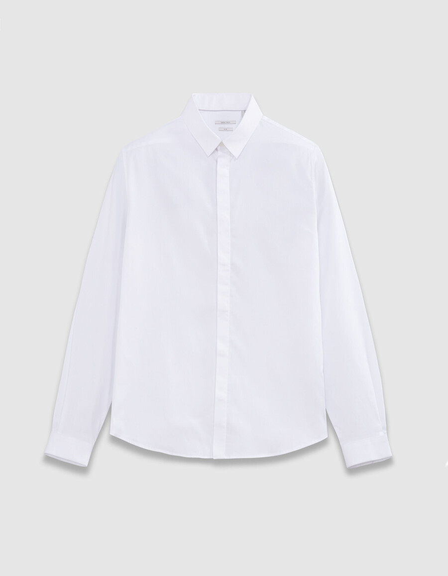 camisa blanca ajustada de algodón orgánico con botones ocultos para hombre