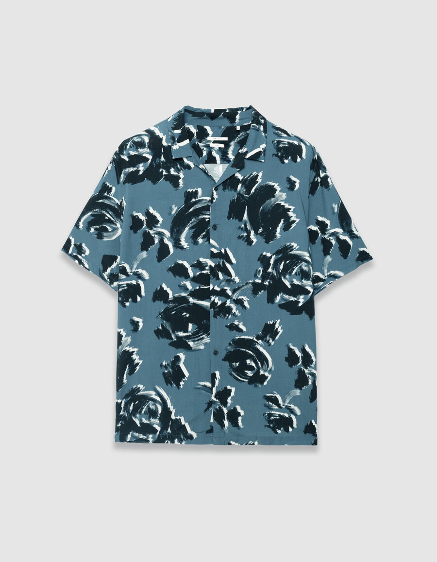 camisa azul regular para hombre con estampado floral artístico